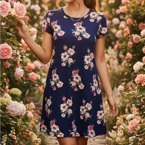 Floral Cottagecore Myth Navy Pink Cotton Jersey T-Shirt Dress Size M Medium - Picture 2 of 6